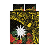 Gold Nauru Quilt Bed Set Naoero Map With Polynesian Tropical Flowers LT14 - Polynesian Pride