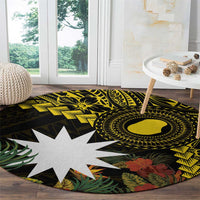 Gold Nauru Round Carpet Naoero Map With Polynesian Tropical Flowers LT14 - Polynesian Pride