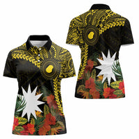 Gold Nauru Women Polo Shirt Naoero Map With Polynesian Tropical Flowers LT14 - Polynesian Pride