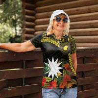 Gold Nauru Women Polo Shirt Naoero Map With Polynesian Tropical Flowers LT14 - Polynesian Pride