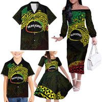 Personalised Nukuoro Atoll Family Matching Off The Shoulder Long Sleeve Dress and Hawaiian Shirt Polynesian Tattoo Curves Reggae Version LT14 - Polynesian Pride