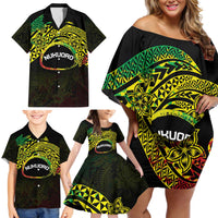 Personalised Nukuoro Atoll Family Matching Off Shoulder Short Dress and Hawaiian Shirt Polynesian Tattoo Curves Reggae Version LT14 - Polynesian Pride