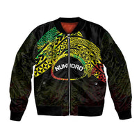 Personalised Nukuoro Atoll Sleeve Zip Bomber Jacket Polynesian Tattoo Curves Reggae Version LT14 Unisex Reggae - Polynesian Pride