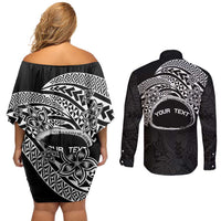 Personalised Pohnpei Nukuoro Micronesia Couples Matching Off Shoulder Short Dress and Long Sleeve Button Shirt Polynesian Tattoo Curves Black Version LT14 - Polynesian Pride