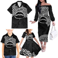 Personalised Pohnpei Nukuoro Micronesia Family Matching Off The Shoulder Long Sleeve Dress and Hawaiian Shirt Polynesian Tattoo Curves Black Version LT14 - Polynesian Pride