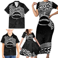 Personalised Pohnpei Nukuoro Micronesia Family Matching Short Sleeve Bodycon Dress and Hawaiian Shirt Polynesian Tattoo Curves Black Version LT14 - Polynesian Pride