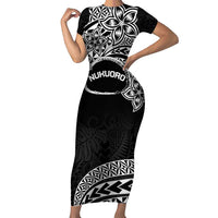 Personalised Pohnpei Nukuoro Micronesia Family Matching Short Sleeve Bodycon Dress and Hawaiian Shirt Polynesian Tattoo Curves Black Version LT14 Mom's Dress Black - Polynesian Pride