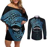 Personalised Pohnpei Nukuoro Micronesia Couples Matching Off Shoulder Short Dress and Long Sleeve Button Shirt Polynesian Tattoo Curves Blue Version LT14 Blue - Polynesian Pride