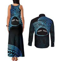 Personalised Pohnpei Nukuoro Micronesia Couples Matching Tank Maxi Dress and Long Sleeve Button Shirt Polynesian Tattoo Curves Blue Version LT14 - Polynesian Pride
