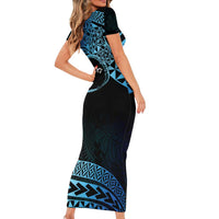 Personalised Pohnpei Nukuoro Micronesia Family Matching Short Sleeve Bodycon Dress and Hawaiian Shirt Polynesian Tattoo Curves Blue Version LT14 - Polynesian Pride