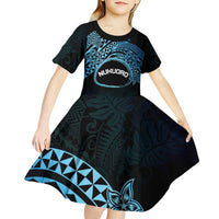 Personalised Pohnpei Nukuoro Micronesia Kid Short Sleeve Dress Polynesian Tattoo Curves Blue Version LT14 - Polynesian Pride