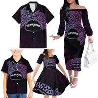 Personalised Pohnpei Nukuoro Micronesia Family Matching Off The Shoulder Long Sleeve Dress and Hawaiian Shirt Polynesian Tattoo Curves Purple Version LT14 - Polynesian Pride