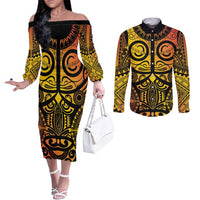 Marquesas Islands Couples Matching Off The Shoulder Long Sleeve Dress and Long Sleeve Button Shirt Marquesan Tattoo Yellow Gradient LT14 Yellow - Polynesian Pride