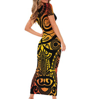 Marquesas Islands Short Sleeve Bodycon Dress Marquesan Tattoo Yellow Gradient LT14 - Polynesian Pride