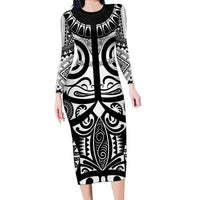 Marquesas Islands Family Matching Long Sleeve Bodycon Dress and Hawaiian Shirt Marquesan Tattoo Black White Color LT14 Mom's Dress Black - Polynesian Pride