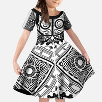 Marquesas Islands Family Matching Off The Shoulder Long Sleeve Dress and Hawaiian Shirt Marquesan Tattoo Black White Color LT14 Daughter's Dress Black - Polynesian Pride