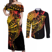 Gradient Marquesas Islands Couples Matching Off Shoulder Maxi Dress and Long Sleeve Button Shirt Marquesan Matatiki Hammerhead Shark Patutiki LT14 Yellow - Polynesian Pride