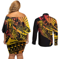 Gradient Marquesas Islands Couples Matching Off Shoulder Short Dress and Long Sleeve Button Shirt Marquesan Matatiki Hammerhead Shark Patutiki LT14 - Polynesian Pride