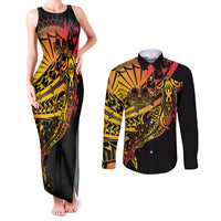 Gradient Marquesas Islands Couples Matching Tank Maxi Dress and Long Sleeve Button Shirt Marquesan Matatiki Hammerhead Shark Patutiki LT14 Yellow - Polynesian Pride