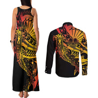 Gradient Marquesas Islands Couples Matching Tank Maxi Dress and Long Sleeve Button Shirt Marquesan Matatiki Hammerhead Shark Patutiki LT14 - Polynesian Pride