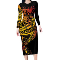 Gradient Marquesas Islands Family Matching Long Sleeve Bodycon Dress and Hawaiian Shirt Marquesan Matatiki Hammerhead Shark Patutiki LT14 Mom's Dress Yellow - Polynesian Pride