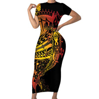 Gradient Marquesas Islands Family Matching Short Sleeve Bodycon Dress and Hawaiian Shirt Marquesan Matatiki Hammerhead Shark Patutiki LT14 Mom's Dress Yellow - Polynesian Pride