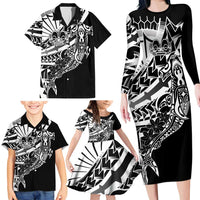 Black White Marquesas Islands Family Matching Long Sleeve Bodycon Dress and Hawaiian Shirt Marquesan Matatiki Hammerhead Shark Patutiki LT14 - Polynesian Pride