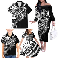 Black White Marquesas Islands Family Matching Off The Shoulder Long Sleeve Dress and Hawaiian Shirt Marquesan Matatiki Hammerhead Shark Patutiki LT14 - Polynesian Pride
