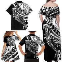 Black White Marquesas Islands Family Matching Off Shoulder Maxi Dress and Hawaiian Shirt Marquesan Matatiki Hammerhead Shark Patutiki LT14 - Polynesian Pride