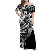 Black White Marquesas Islands Family Matching Off Shoulder Maxi Dress and Hawaiian Shirt Marquesan Matatiki Hammerhead Shark Patutiki LT14 Mom's Dress Black - Polynesian Pride
