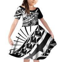 Black White Marquesas Islands Family Matching Off Shoulder Short Dress and Hawaiian Shirt Marquesan Matatiki Hammerhead Shark Patutiki LT14 Daughter's Dress Black - Polynesian Pride