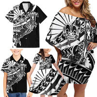 Black White Marquesas Islands Family Matching Off Shoulder Short Dress and Hawaiian Shirt Marquesan Matatiki Hammerhead Shark Patutiki LT14 - Polynesian Pride