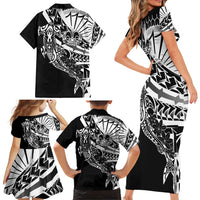 Black White Marquesas Islands Family Matching Short Sleeve Bodycon Dress and Hawaiian Shirt Marquesan Matatiki Hammerhead Shark Patutiki LT14 - Polynesian Pride