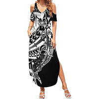 Black White Marquesas Islands Family Matching Summer Maxi Dress and Hawaiian Shirt Marquesan Matatiki Hammerhead Shark Patutiki LT14 Mom's Dress Black - Polynesian Pride