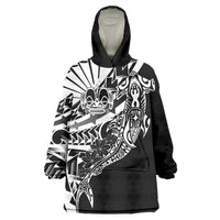 Black White Marquesas Islands Wearable Blanket Hoodie Marquesan Matatiki Hammerhead Shark Patutiki LT14 One Size Black - Polynesian Pride