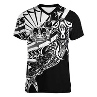 Black White Marquesas Islands Women V-Neck T-Shirt Marquesan Matatiki Hammerhead Shark Patutiki LT14 Female Black - Polynesian Pride
