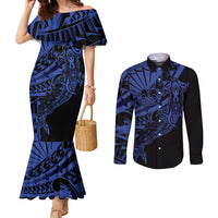Blue Marquesas Islands Couples Matching Mermaid Dress and Long Sleeve Button Shirt Marquesan Matatiki Hammerhead Shark Patutiki - Polynesian Pride