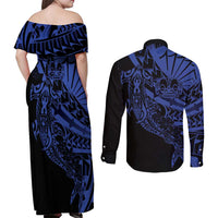 Blue Marquesas Islands Couples Matching Off Shoulder Maxi Dress and Long Sleeve Button Shirt Marquesan Matatiki Hammerhead Shark Patutiki LT14 - Polynesian Pride