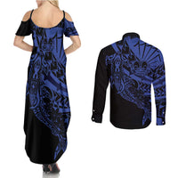 Blue Marquesas Islands Couples Matching Summer Maxi Dress and Long Sleeve Button Shirt Marquesan Matatiki Hammerhead Shark Patutiki LT14 - Polynesian Pride