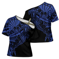 Blue Marquesas Islands Cross Shoulder Shirt Marquesan Matatiki Hammerhead Shark Patutiki - Polynesian Pride