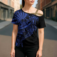 Blue Marquesas Islands Cross Shoulder Shirt Marquesan Matatiki Hammerhead Shark Patutiki - Polynesian Pride