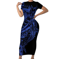 Blue Marquesas Islands Short Sleeve Bodycon Dress Marquesan Matatiki Hammerhead Shark Patutiki - Polynesian Pride