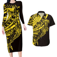 Yellow Marquesas Islands Couples Matching Long Sleeve Bodycon Dress and Hawaiian Shirt Marquesan Matatiki Hammerhead Shark Patutiki LT14 Yellow - Polynesian Pride