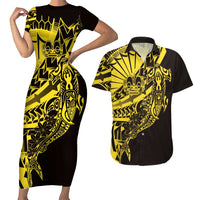 Yellow Marquesas Islands Couples Matching Short Sleeve Bodycon Dress and Hawaiian Shirt Marquesan Matatiki Hammerhead Shark Patutiki LT14 Yellow - Polynesian Pride