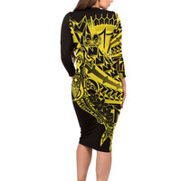 Yellow Marquesas Islands Family Matching Long Sleeve Bodycon Dress and Hawaiian Shirt Marquesan Matatiki Hammerhead Shark Patutiki LT14 - Polynesian Pride