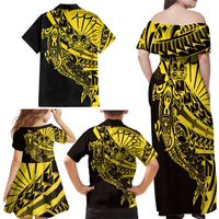 Yellow Marquesas Islands Family Matching Off Shoulder Maxi Dress and Hawaiian Shirt Marquesan Matatiki Hammerhead Shark Patutiki LT14 - Polynesian Pride