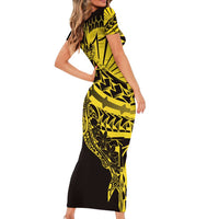 Yellow Marquesas Islands Family Matching Short Sleeve Bodycon Dress and Hawaiian Shirt Marquesan Matatiki Hammerhead Shark Patutiki LT14 - Polynesian Pride