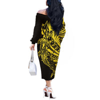 Yellow Marquesas Islands Off The Shoulder Long Sleeve Dress Marquesan Matatiki Hammerhead Shark Patutiki - Polynesian Pride