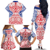 Austral Islands Family Matching Off The Shoulder Long Sleeve Dress and Hawaiian Shirt Tuhaa Pae Penu Stars Necklace Red LT14 - Polynesian Pride