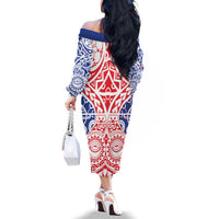 Austral Islands Family Matching Off The Shoulder Long Sleeve Dress and Hawaiian Shirt Tuhaa Pae Penu Stars Necklace Red LT14 - Polynesian Pride